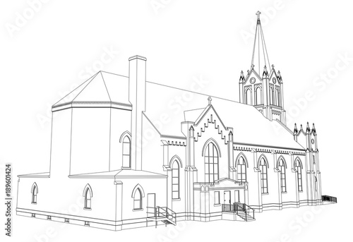 The building of the Catholic church, views from different sides. Three-dimensional illustration on a white background.