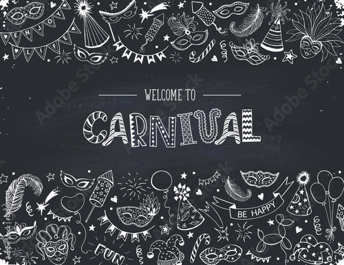 Horisontal carnival vector composition on chalkboard. Hand drawn carnival objects. Masqeurade design elements collection in line art style. Doodle masquerade masks, feathers, firecrackers.