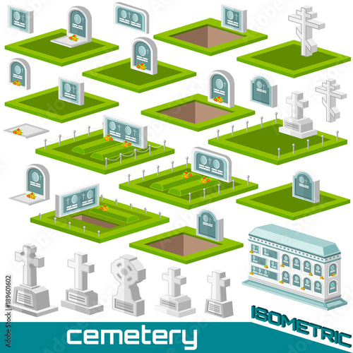 Set of isometric grave and crosses different style for cemetery vector illustration