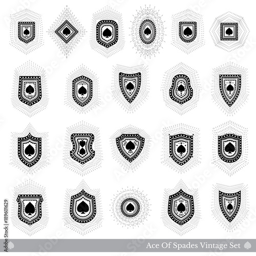 Vector set with spades into different forms shields with rays on white for card or t-shirt prints