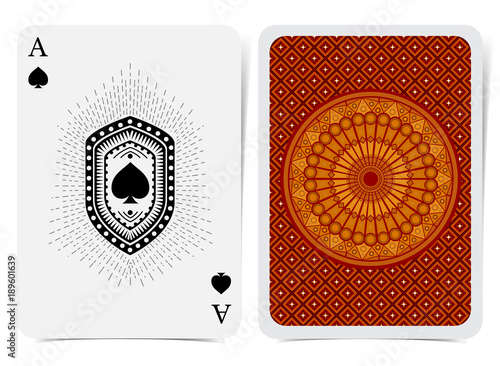 Ace of spades face and back side with red suit. Vector card template