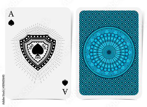 Ace of spades face and back side with blue suit. Vector card template