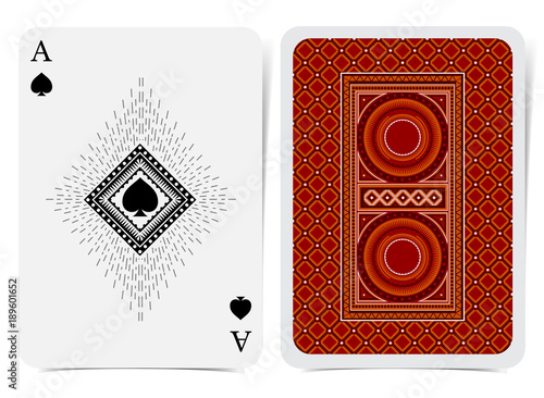 Ace of spades face with spades inside square frame and back with red suit. Vector card template
