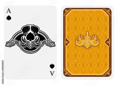 Ace of spades face with spades with lotos floral pattern and back side with gold pattern suit. Vector India card template.