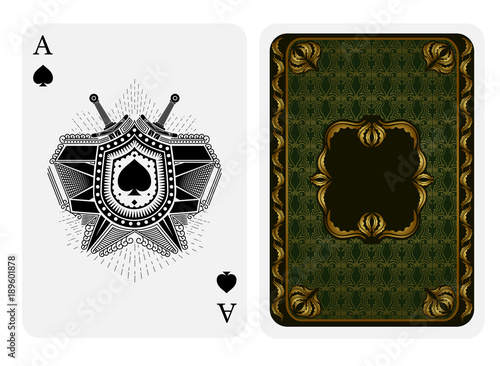 Ace of spades face with spades inside shield with swords and back side with green and gold pattern suit. Vector card template