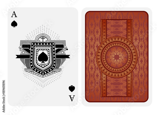 Ace of spades in line style shield face and back with pink gold texture suit. Vector card template