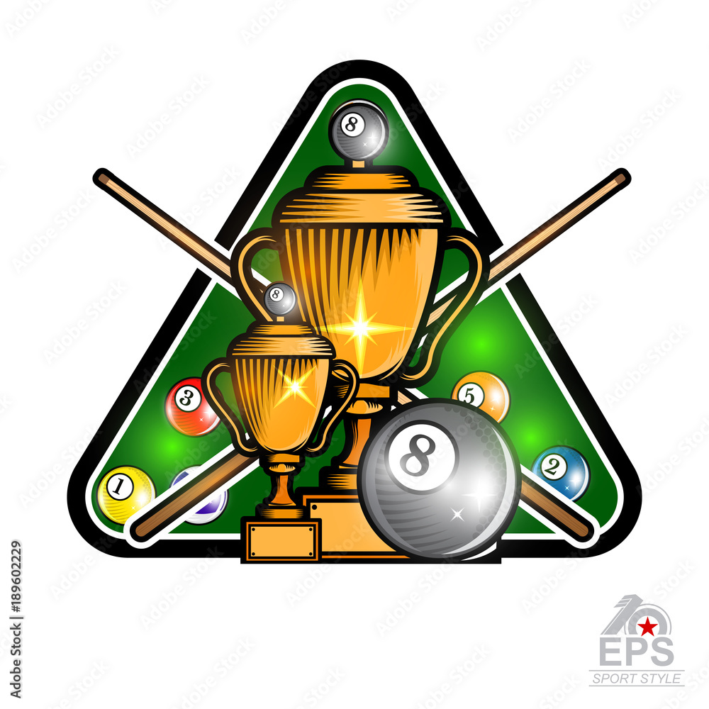 Pyramid of billiard balls with crossed cues in center of triangle green ...