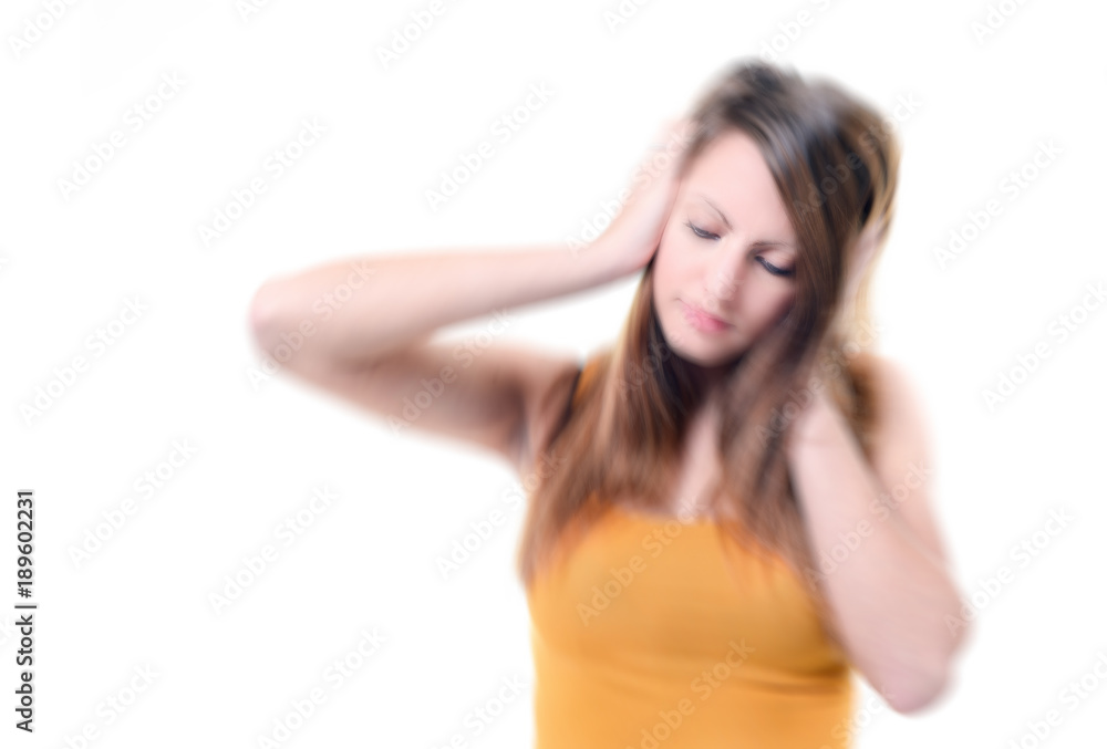Young beautiful woman with severe headache