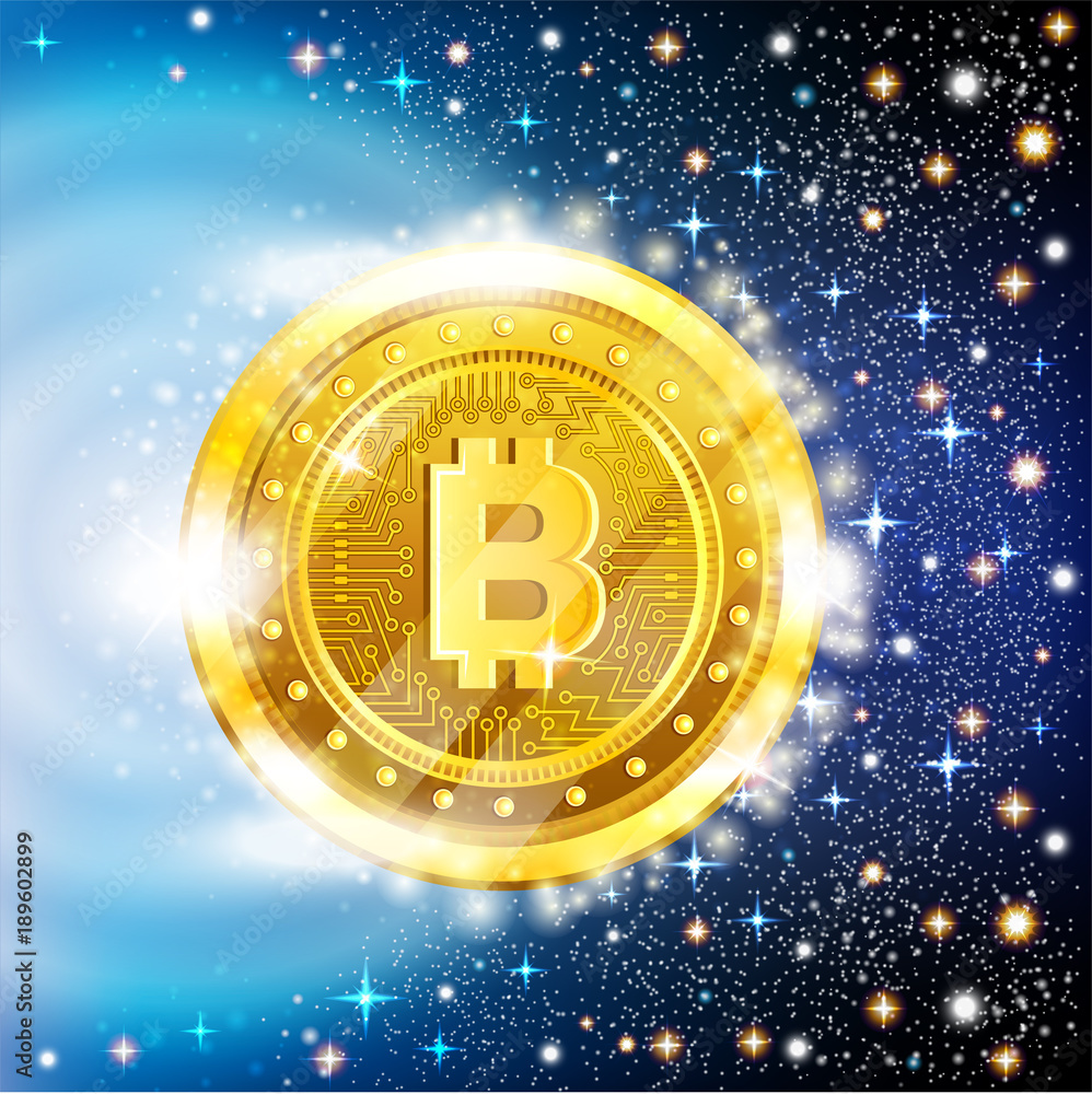 Golden bit coin flying in space starry sky background Golden bit coin flying in space starry sky background