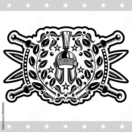 Spartan helmet front view with four crossed swords between wreath. Heraldic vintage label on white