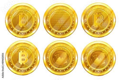 Set golden coin with bitcoin sign back and front side. Vector Illustration isolated on white background