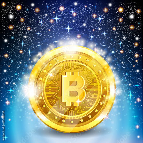 Golden bit coin in space in starry sky background