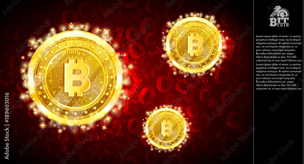 Golden bit coins flying on light red horizontal background with binary code Golden bit coins flying on light red horizontal background with binary code