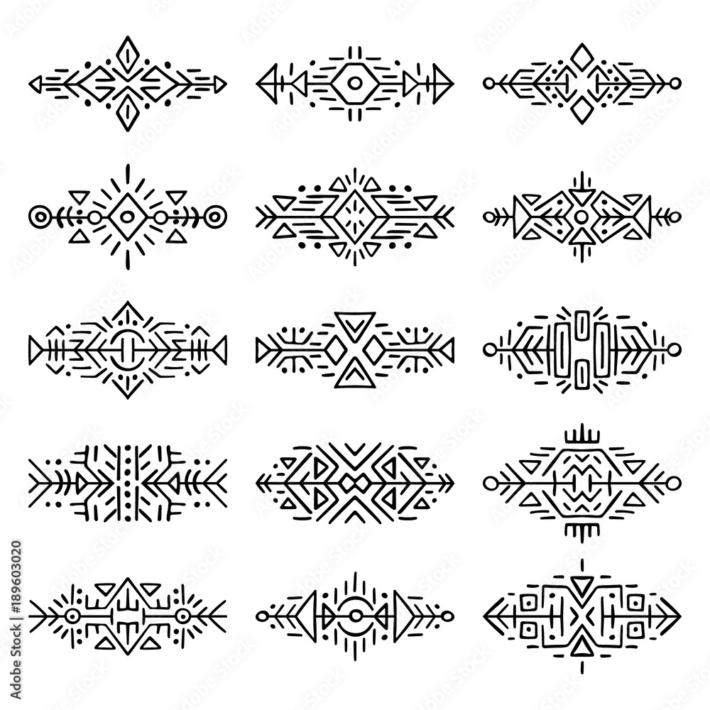 Collection of Hand Drawn Borders in Ethnic Style. Aztec art dividers ...