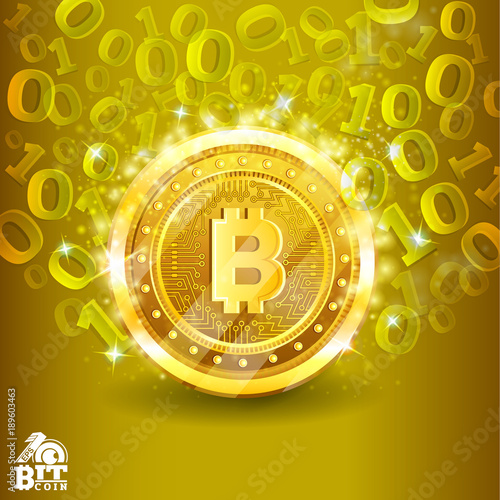 Golden bit coin in the center of yellow background with binary code. Abstract vector glossy business background