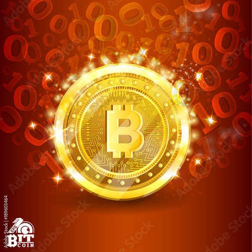 Golden bit coin in the center of red background with binary code. Abstract vector glossy business background