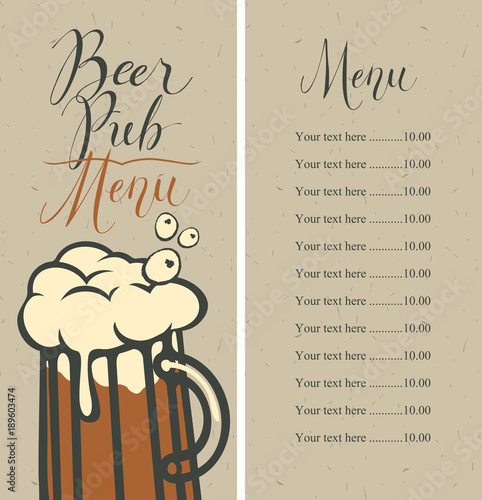 Vector menu with price list for beer pub with a handwritten inscriptions and a full glass of frothy beer on the background of old cardboard in retro style.