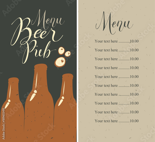 Vector menu with price list for beer pub with a handwritten inscriptions and a picture of three beer bottles on the background of old cardboard in retro style.