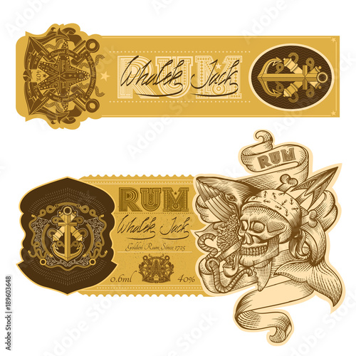 Set of labels with Skull smoking pipe and whale in engraving style. Vector marine design elements on white