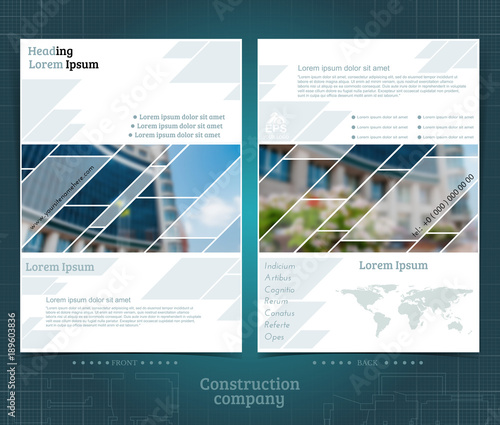 Two sided brochure or flayer template design with exterior building blurred photo elements. Mock-up cover in blue geometric vector modern style