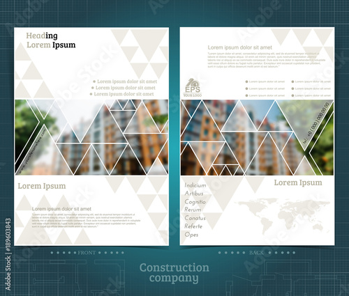 Two sided brochure or flayer template design with exterior building blurred photo elements. Mock-up cover in triangle geometric vector modern style