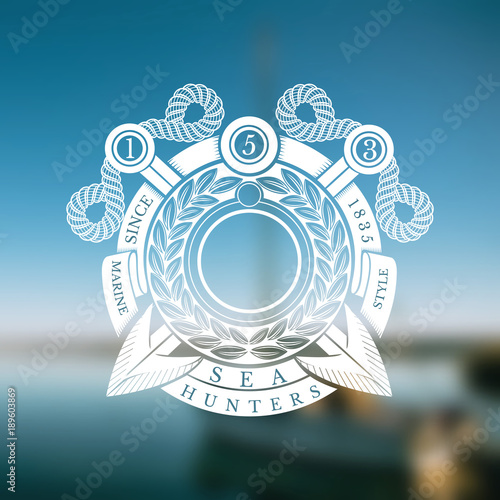 Round Wreath With Cross harpoons. Marine Vintage Label On Blurred Photo Background
