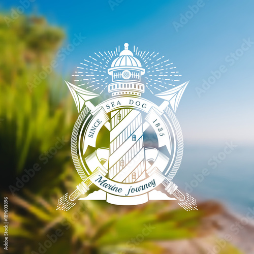 Round Ribbon Frame With Lighthouse and Two Harpoons Cross. Marine Label On Blurred Photo Background