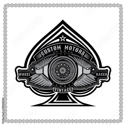 Ace of spades with motorbike wheel in center of chain between two pair of wings and ribbons. Motorcycle design for print or card on white