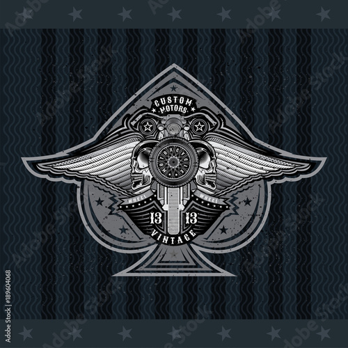 Ace of spades from motorbike wheel with motorcicle in center of spades between pair of wings and skulls. Motorcycle design for print or card on blackboard