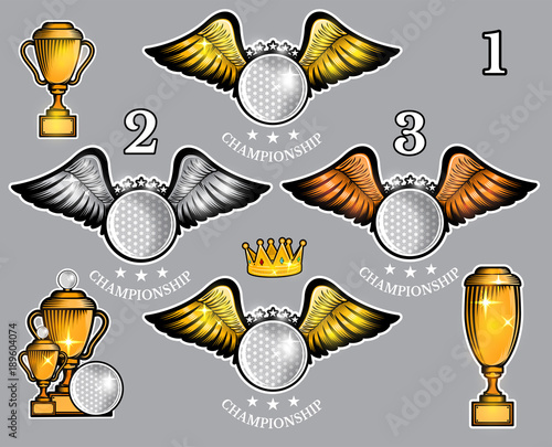 Golf balls with wings cups and crown. Vector set of sport logo for any team and championship