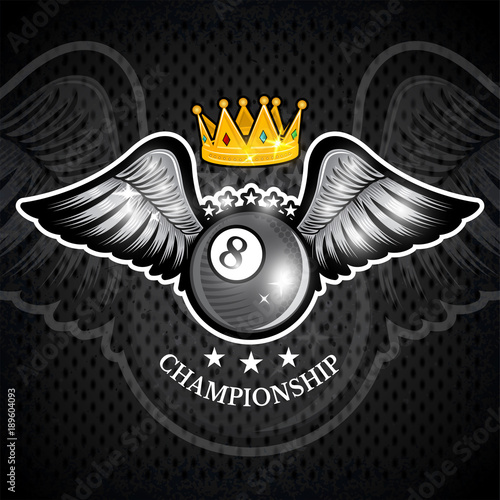 Billiards ball with wings and crown on blackboard. Vector sport logo for any team and championship