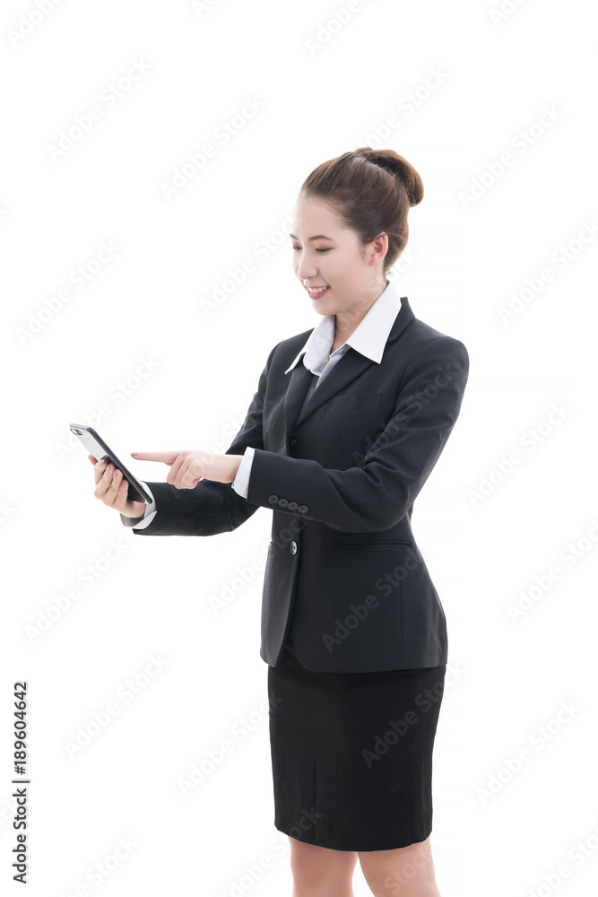 Smiling young Asian businesswoman in black suit and white shirt using mobile phone isolated on white background Smiling young Asian businesswoman in black suit and white shirt using mobile phone isolated on white background
