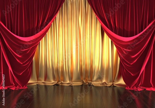 3D rendering, theater stage, golden curtains and red velvet