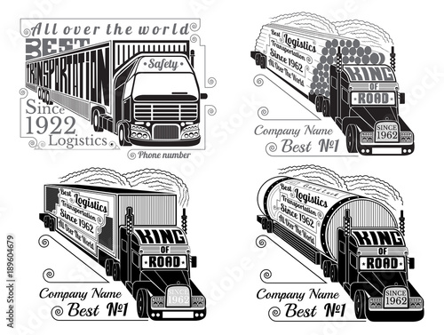 Set of silhouette of trucks with trailer, logs, gas tank, refrigerator and lettering king of road