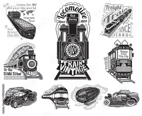 Big set silhouettes of different transport train, ship, cargo tank, car, tram and balloon for design print print
