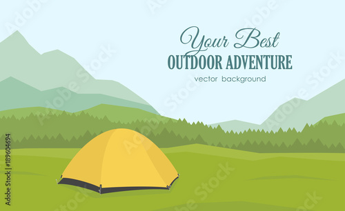 Vector illustration: Mountains background with yellow tent