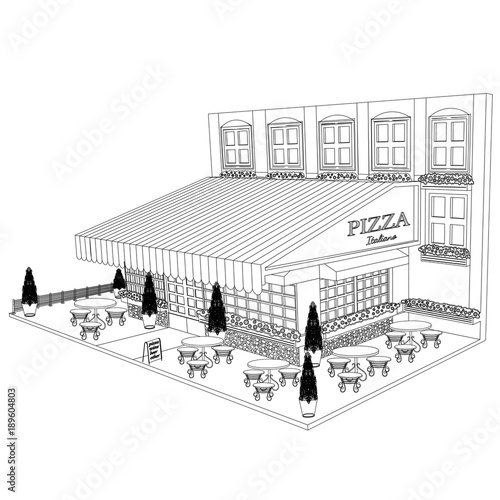 Sketch building of pizzeria isolated on white