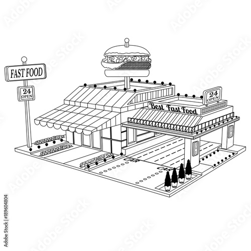 Sketch fast food building with hamburger on roof isolated on white