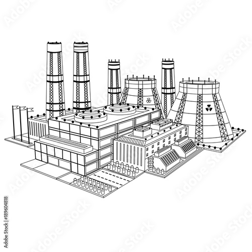 Sketch realistic nuclear power plant isolated on white