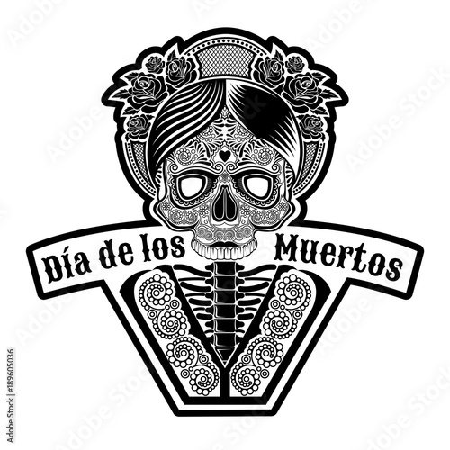 Female skull with rose wreath on head and pattern on face. Symbol of Dia de Muertos holiday. Monochrome illustration isolated on white