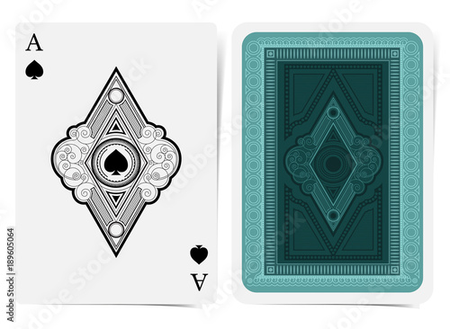 Ace of spades face with spades inside rhombus geometrcal frame and back blue texture suit. Vector card template