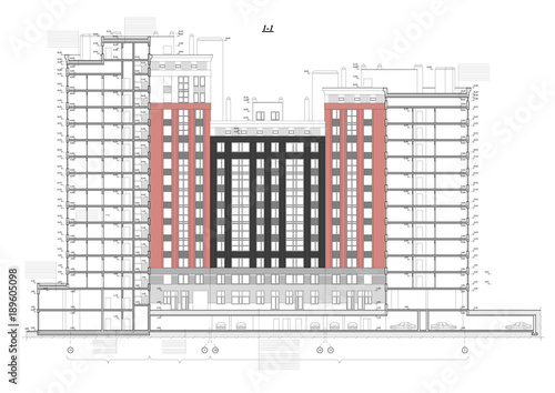 Detailed architectural plan of multistory building with underground garage parking. Cross-section view. Vector blueprint. Architectural background.
