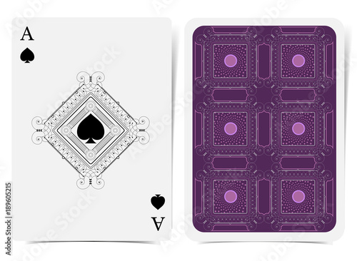 Ace of spades face with spades inside rombus curly line frame and back with violet geometrical pattern suit. Vector card template