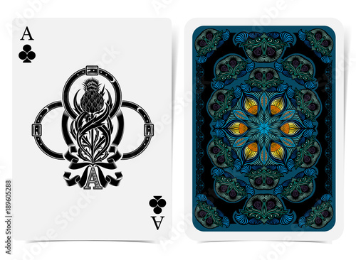 Ace of clubs face with thistle plant inside of clubs form from ribbon and back with blue floral pattern on dark suit. Vector card template