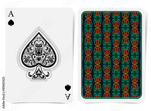 Ace of spades face with narcissus flowers pattern inside spades and back with orange greeb floral pattern on dark suit. Vector card template photo