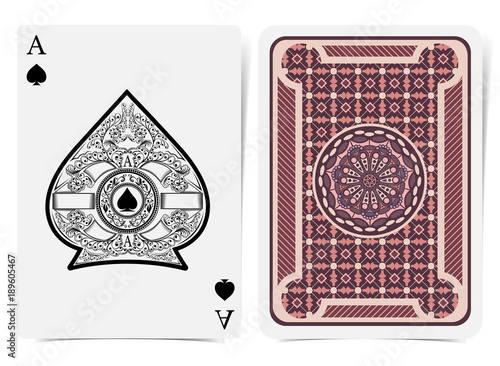 Ace of spades face with spades inside floral pattern in center spades form and back with geometrical pattern on suit. Vector card template