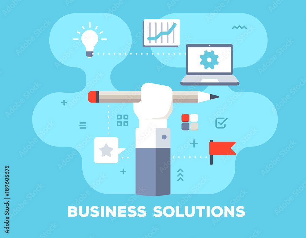 Business solution concept on blue background with title. Vector bright illustration of big human hand holds pencil, laptop, light bulb and icons. Business solution concept on blue background with title. Vector bright illustration of big human hand holds pencil, laptop, light bulb and icons.