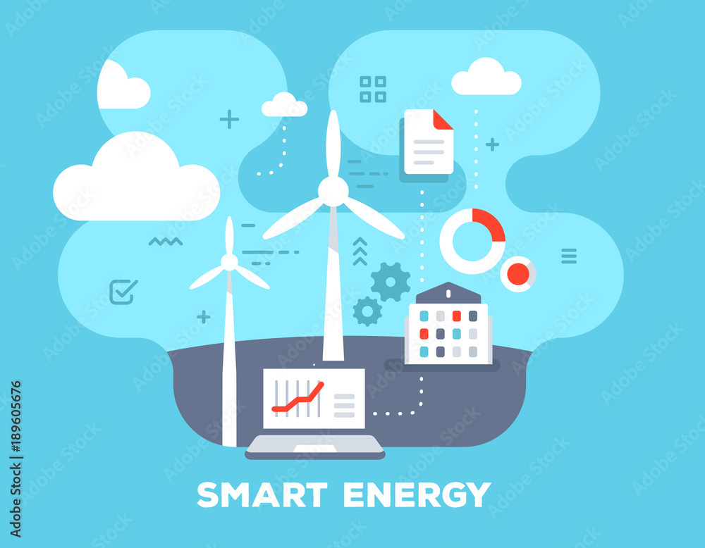 Smart alternative energy concept on blue background with title. Vector color illustration of laptop, windmill, home and icons. Smart alternative energy concept on blue background with title. Vector color illustration of laptop, windmill, home and icons.