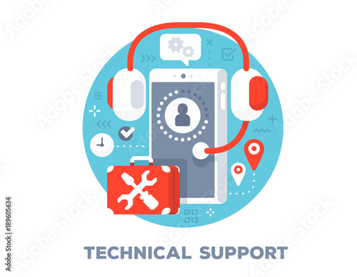 Vector illustration of big phone, headphones, tools and icons. Technical support concept on blue background with title.