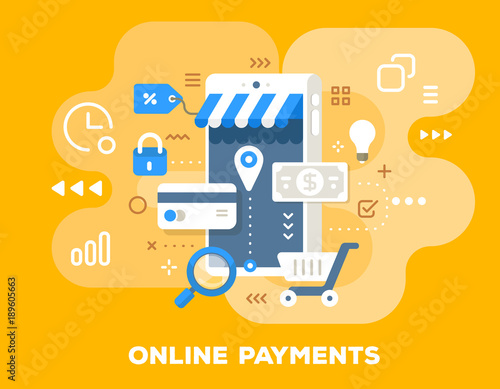 Vector colorful illustration of online store. Online payments concept with big phone, paper money, credit card, icons on blue background with title.